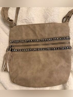 Vintage buckle boutique Taupe Crossbody Bag with Beaded Trim and Tassel f